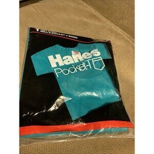 Vintage NEW old Stock 1987 Hanes Men’s Pocket-T Shirt Blue Jade Teal Medium